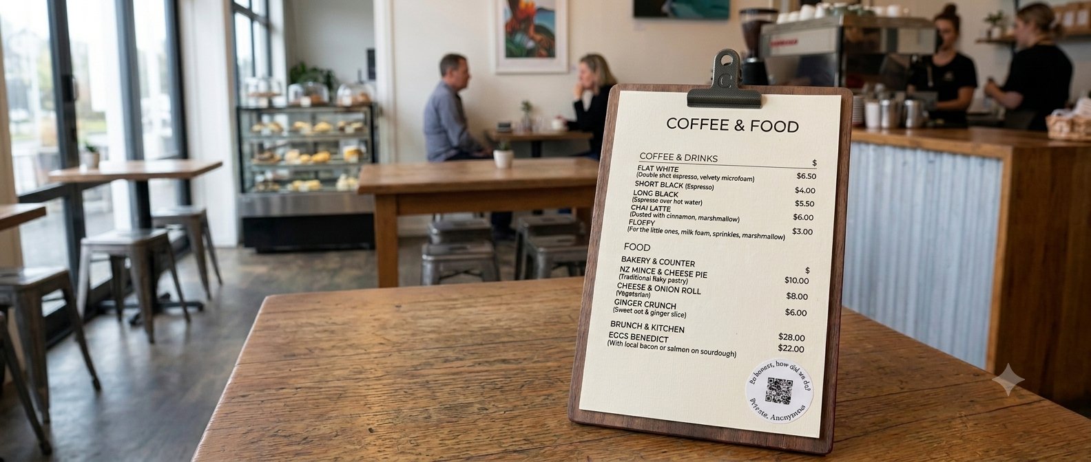 Scusi QR sticker on a cafe menu
